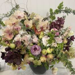 Large mixed orchid arrangement in a dark vase with pale and deep purple blooms