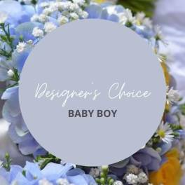 Blue and white floral arrangement with a "Baby Boy" label