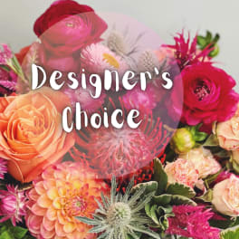Mixed bouquet of roses, ranunculus, and dahlias with designer's choice text