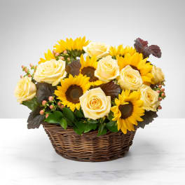 Yellow roses and sunflowers in a wicker basket