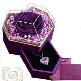 Purple rose in a hexagonal gift box with a necklace inside