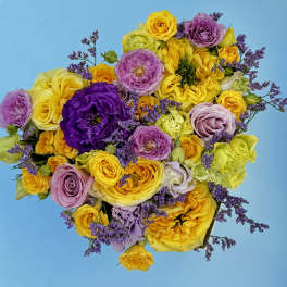 Bright mixed bouquet of yellow, purple, and pink roses on a blue background