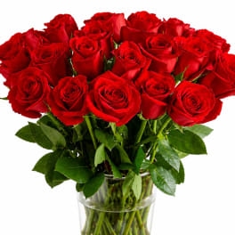 Bouquet of red roses in a clear glass vase