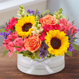 Bright mixed bouquet in a white round box with a ribbon
