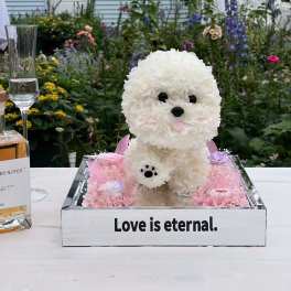 White floral dog sculpture in a mirrored box with pink flowers
