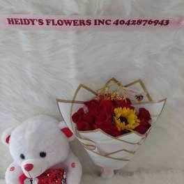 12 roses ,a sunflowers, a beautiful teddy bear, and chocolates.