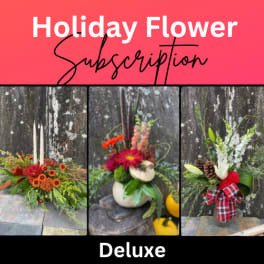 Holiday flower subscription graphic with three seasonal floral arrangements