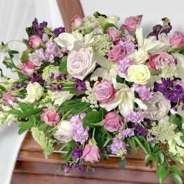 Large mixed bouquet of pink, white, and purple flowers