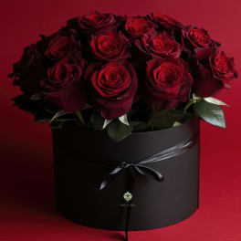 Bouquet of deep red roses in a black round box