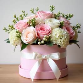 Pink and white roses arranged in a pink hat box with a ribbon