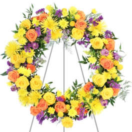 Colorful floral wreath on a standing easel