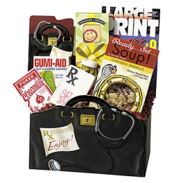 Gift basket shaped like a doctor bag filled with novelty items and snacks