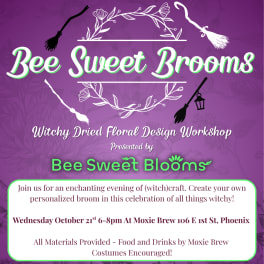 Purple event flyer for a witchy dried floral workshop with broom graphics and text.