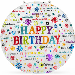 Round birthday balloon with colorful "HAPPY BIRTHDAY" text and confetti graphics