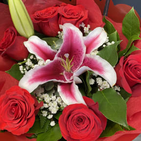 Bouquet of red roses and a pink-and-white lily