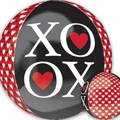 Round black gift box with XO and red heart graphics