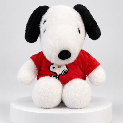 Plush Snoopy toy in a red shirt sitting on a white pedestal