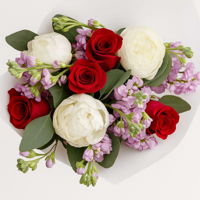 Bouquet of red roses, white ranunculus, and lavender flowers in white paper