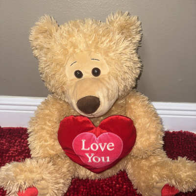 Teddy bear holding a red heart that says "Love You"
