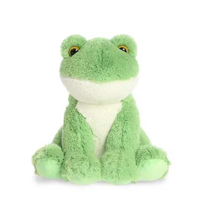 Soft green plush frog toy sitting upright on a white background