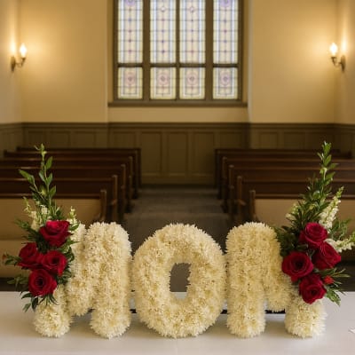 Floral arrangement spelling "mom" with red roses in a church setting