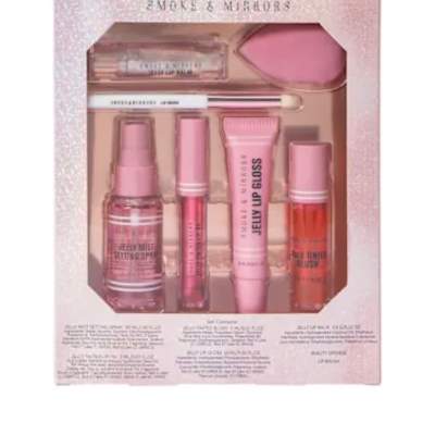 Pink makeup gift set in a glittery box with lip gloss and applicators