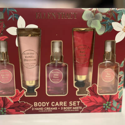 Ellen Tracy body care gift set with lotions and body mists in a floral box