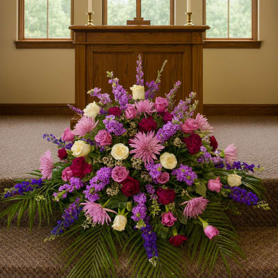 Large pink, purple, and white floral spray in front of an altar cross