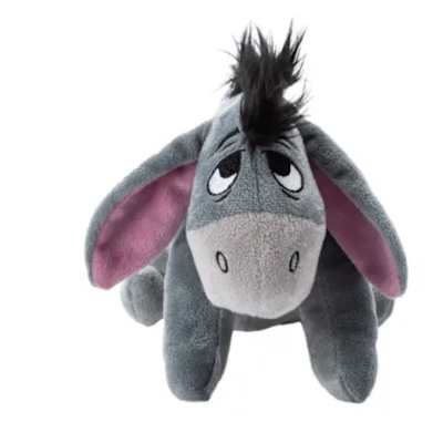 Gray plush donkey with pink ears and a black mane on a white background