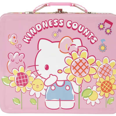 Pink Hello Kitty lunchbox with flower graphics and a handle