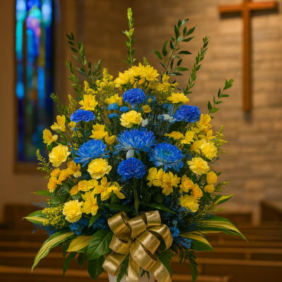 Blue and yellow floral arrangement in a white vase with a gold ribbon