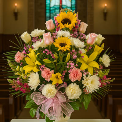Large mixed flower arrangement in a vase with sunflowers, roses, and carnations