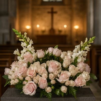 Pink and white rose arrangement on a pedestal in a church