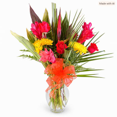 Tropical bouquet with red and pink flowers in a clear glass vase
