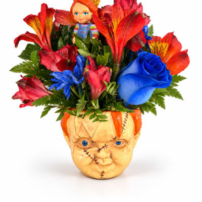 Bright mixed bouquet in a novelty Frankenstein head vase