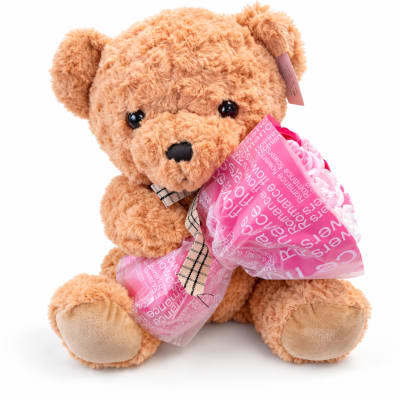 Plush teddy bear holding a pink wrapped bouquet
