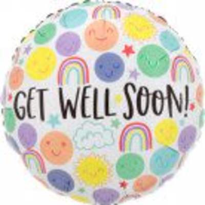 Round balloon with colorful doodles and "GET WELL SOON!" text
