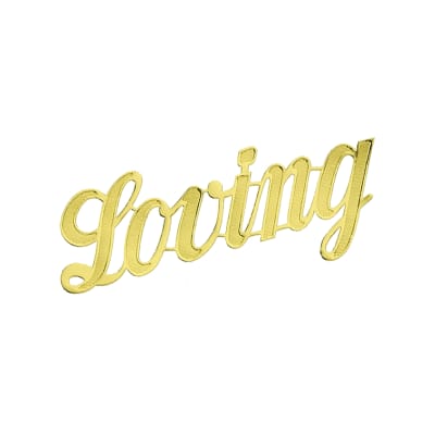 Gold script word decoration reading "loving"