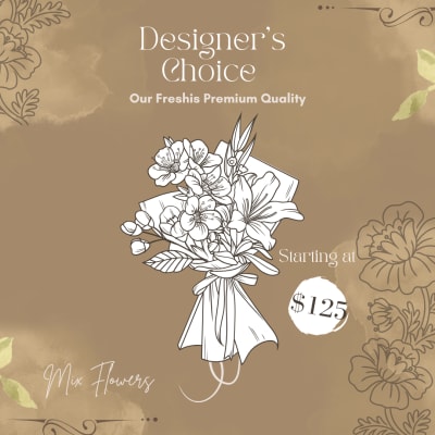 Illustrated mixed flower bouquet tied with a ribbon on a tan background