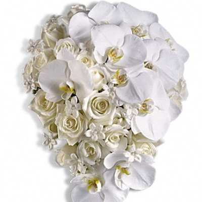 White orchid and rose bouquet with cascading blooms