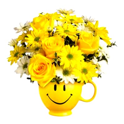 Yellow roses and daisies arranged in a smiley-face mug