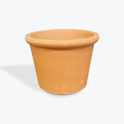 Empty terracotta plant pot on a white background