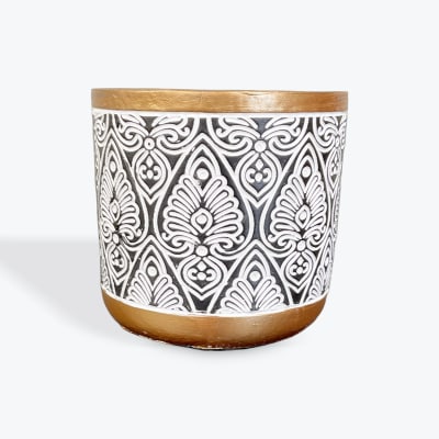 Decorative black and white ceramic planter with gold trim