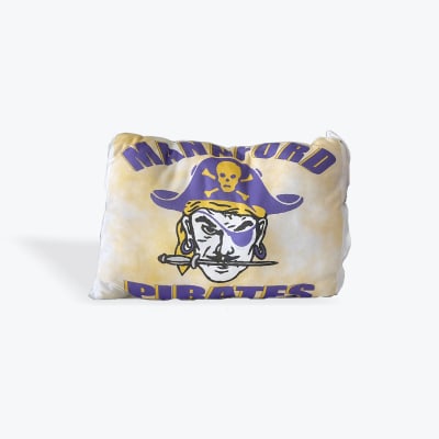 Decorative pillow with a pirate graphic and text