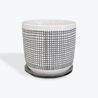 White ceramic planter with a gray grid pattern on a saucer