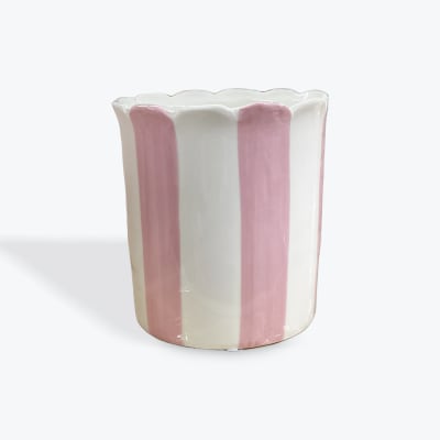 Pink and white striped ceramic vase with a scalloped rim