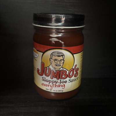 Jar of JUMBO's Sloppy Joe sauce with a black lid