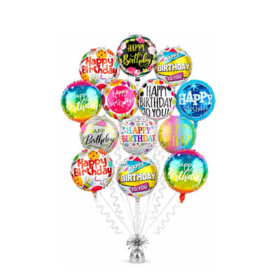 Cluster of colorful Happy Birthday balloons with curling ribbons