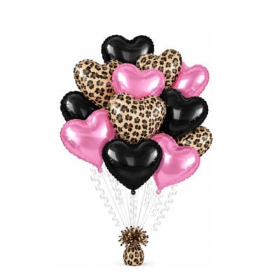 Cluster of heart-shaped balloons in pink, black, and leopard print