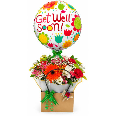 Get Well Soon balloon above a colorful mixed flower basket